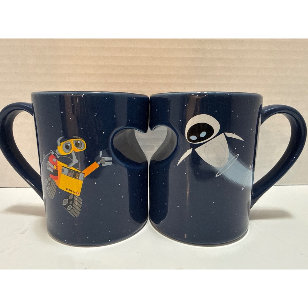 Disney Pixar Wall-E and Eve Heart Interlocking Coffee Mug Set Navy Blue 2 Piece